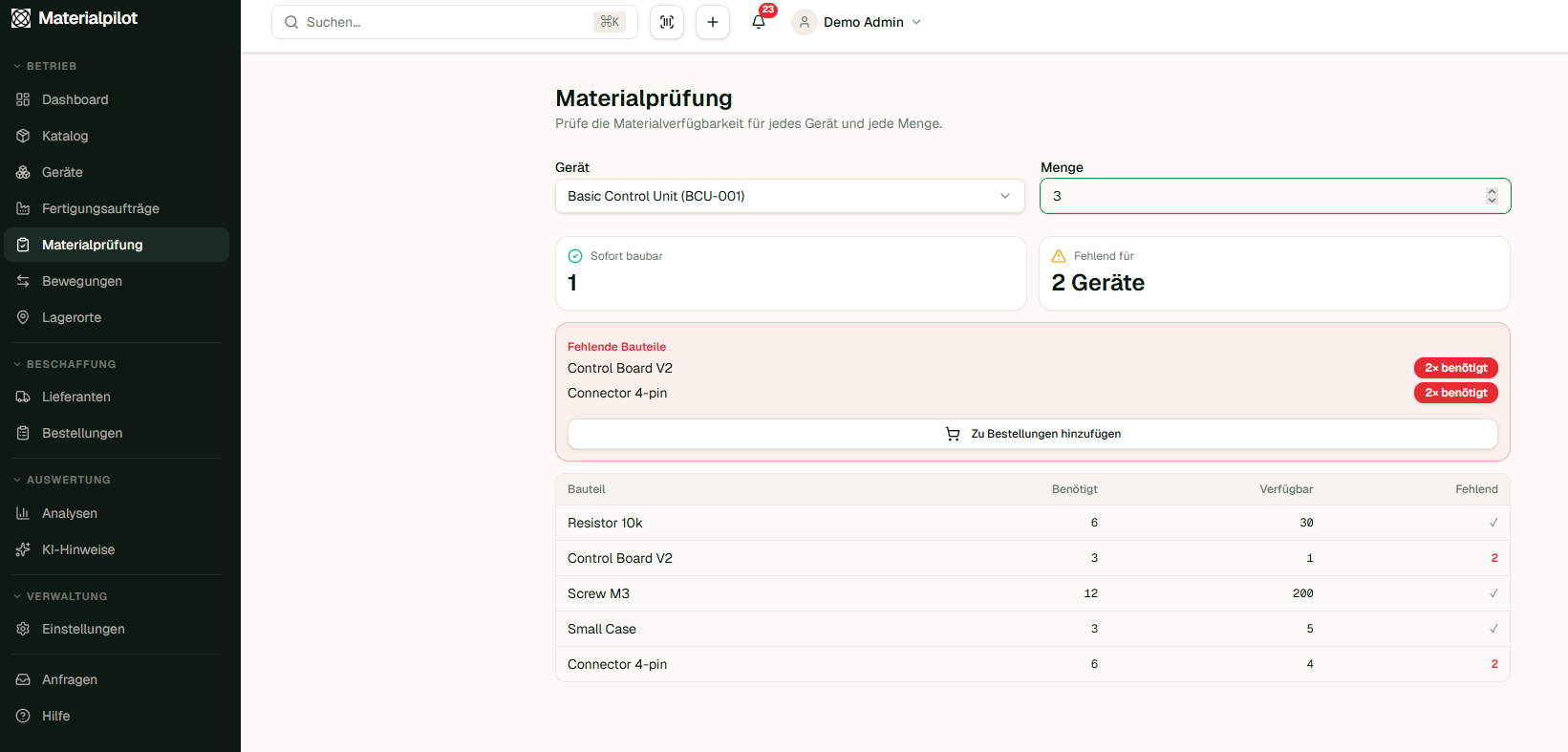 Materialprüfung – baubare Geräte, fehlende Bauteile und Bestellvorschläge